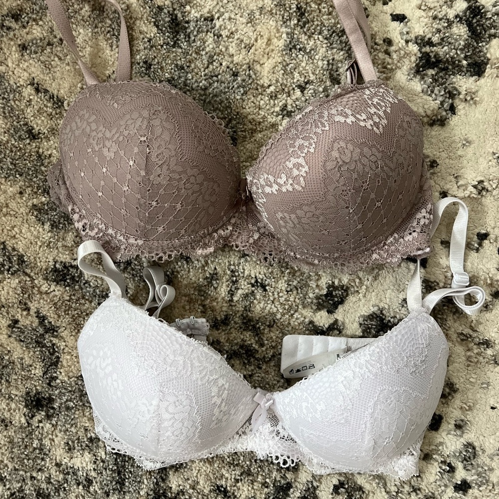 Lace Underwire Bra Set - Taupe and White